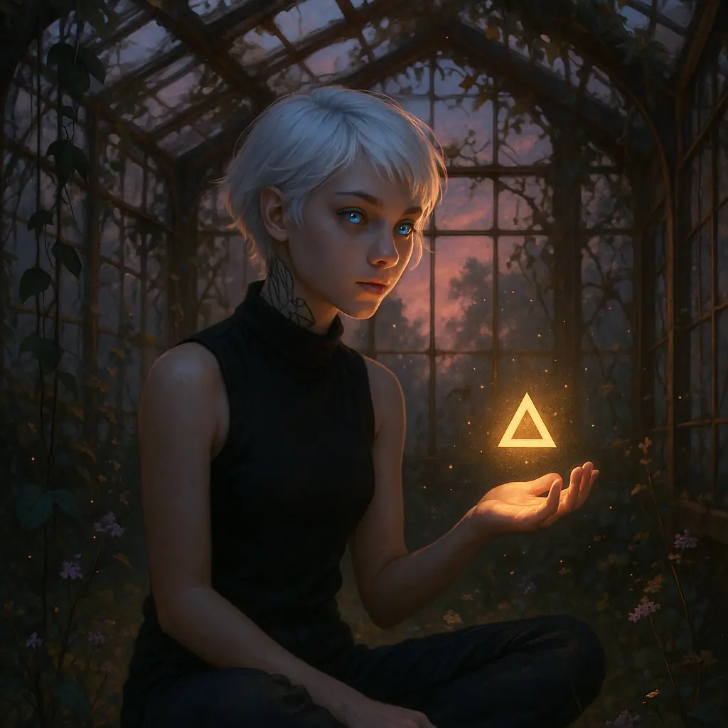 Kyra dans une serre abandonnee au crepuscule, tenant un delta lumineux