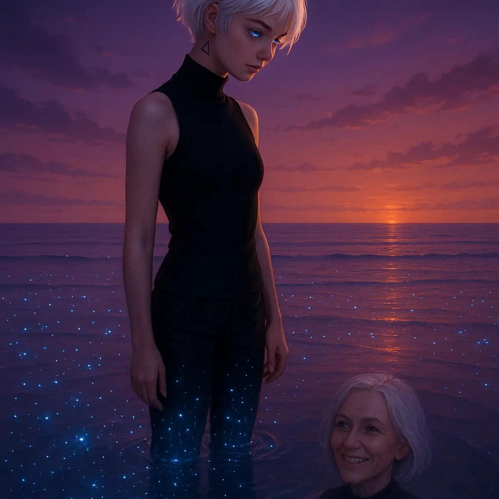 Kyra dans une mer bioluminescente au crepuscule, regardant son propre reflet